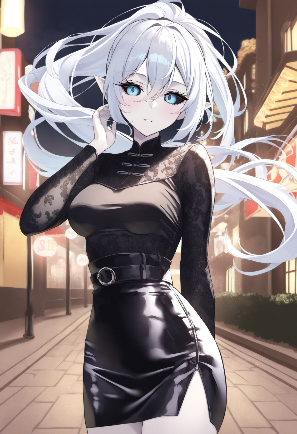 1girl, pale skin, white hair, long bang ponytail, floating hair, pointed ears, blue eyes, black sclera, medium breasts, long eyelashes,
print chinese top, sleeves chinese top, leather skirt,
street, night,
 <lora:satoumogumoguNai-style:1>, sg29satoumogustyle, masterpiece,best quality,amazing quality,