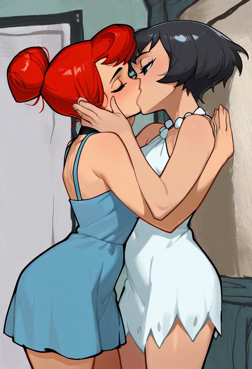 masterpiece, best quality, amazing quality, very aesthetic, high resolution, ultra-detailed, absurdres, 2girls, wilma red hair single hair bun white dress,, betty short hair black hair blue dress,, morisobostyleil, deep kiss