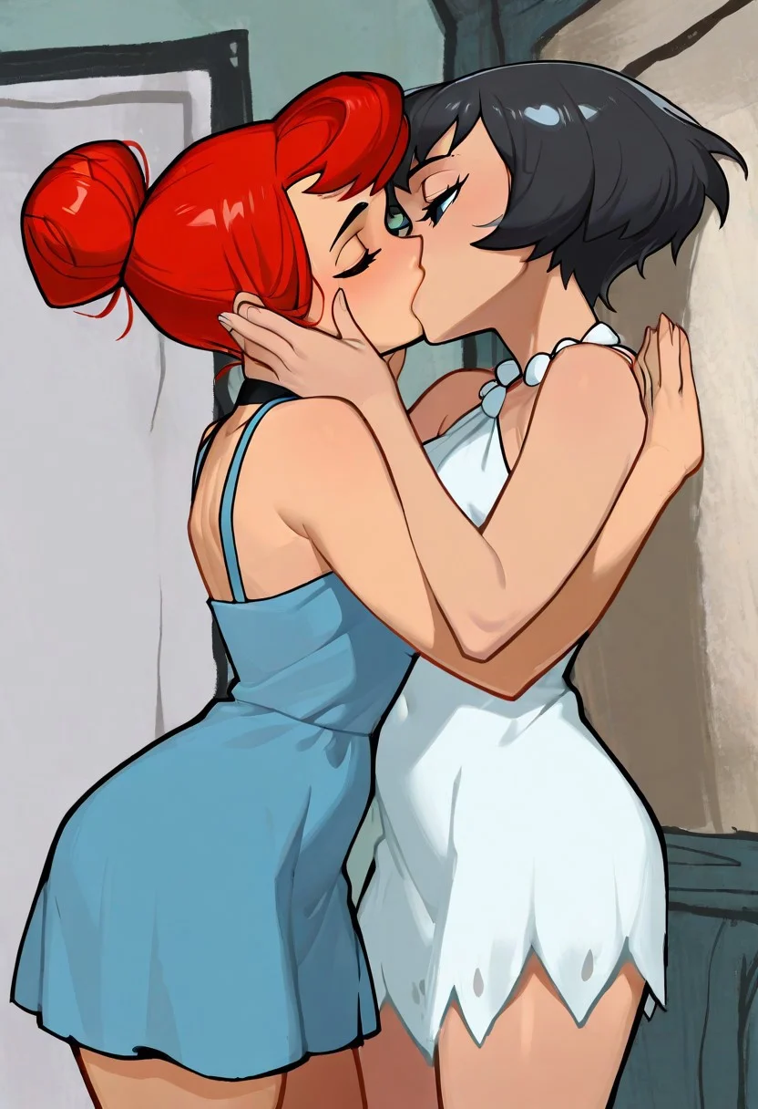 masterpiece, best quality, amazing quality, very aesthetic, high resolution, ultra-detailed, absurdres, 2girls, wilma red hair single hair bun white dress,, betty short hair black hair blue dress,, morisobostyleil, deep kiss
