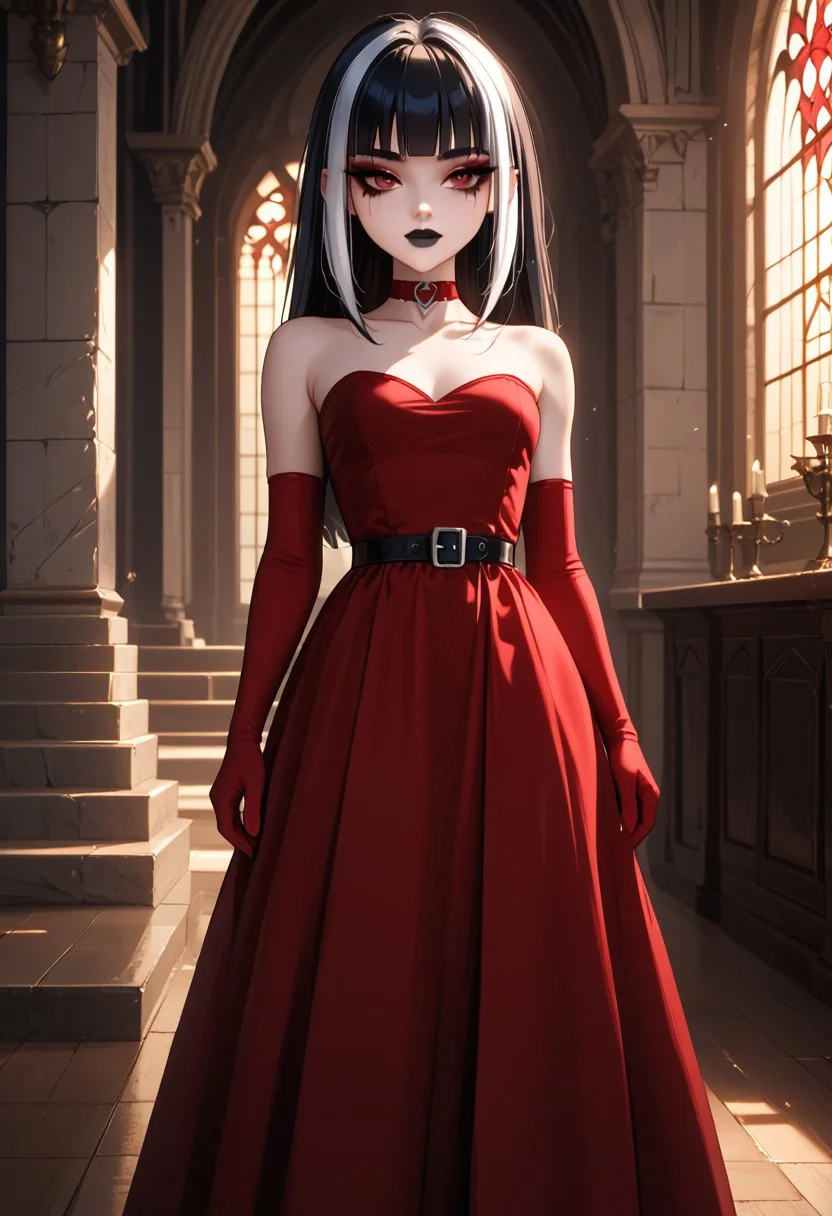 (masterpiece), 8k, best quality, ultra-detailed, (high res), cinematic lighting, beautiful lighting, high quality, studio quality, detailed, insanely detailed, extreme detail, refined detail, perfect detail, max detail, smooth lighting, detailed background, hyper detailed body, beautiful lighting, vibrant lighting, global illumination, absurdres, high-res, dynamic lighting, score_9, score_8_up, score_7_up, score_6_up, score_5_up, score_4_up, ponypositive, 1girl, solo, solo focus, (narrow waist, skinny, small body, slim), looking at viewer, (3/4 view), indoors, (Gothic Castle), bright lighting, daylight, sunshine, cute, kawaii, gleaming eyes, (closed mouth), no expression, legs spread, big eyes, (standing), alone, Expressiveh, (hands by sides), (rating_safe, sfw), cgi, (dark red dress, black dress accents, goth dress), goth, blunt bangs, (dark red elbow gloves), long hair, red eyes, makeup, (black leather boots), black stockings, (dark red choker), lips, total drama, Crimson_(Total_Drama), (pale white skin), black lips, lipstick, (black hair, white highlights, white streaks), (long dress), (goth makeup), black belt, (goth jewelry)