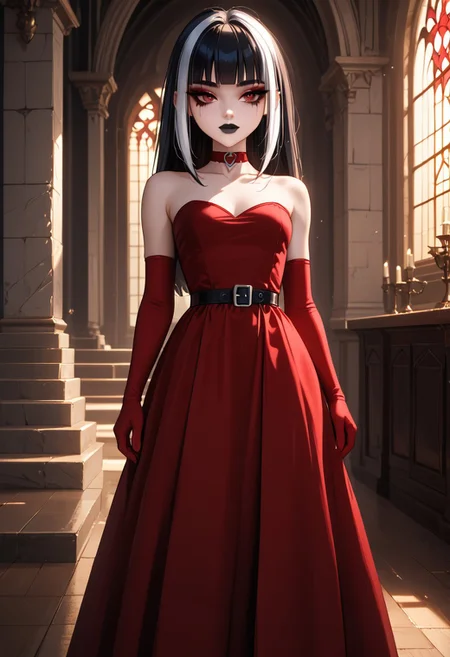 (masterpiece), 8k, best quality, ultra-detailed, (high res), cinematic lighting, beautiful lighting, high quality, studio quality, detailed, insanely detailed, extreme detail, refined detail, perfect detail, max detail, smooth lighting, detailed background, hyper detailed body, beautiful lighting, vibrant lighting, global illumination, absurdres, high-res, dynamic lighting, score_9, score_8_up, score_7_up, score_6_up, score_5_up, score_4_up, ponypositive, 1girl, solo, solo focus, (narrow waist, skinny, small body, slim), looking at viewer, (3/4 view), indoors, (Gothic Castle), bright lighting, daylight, sunshine, cute, kawaii, gleaming eyes, (closed mouth), no expression, legs spread, big eyes, (standing), alone, Expressiveh, (hands by sides), (rating_safe, sfw), cgi, (dark red dress, black dress accents, goth dress), goth, blunt bangs, (dark red elbow gloves), long hair, red eyes, makeup, (black leather boots), black stockings, (dark red choker), lips, total drama, Crimson_(Total_Drama), (pale white skin), black lips, lipstick, (black hair, white highlights, white streaks), (long dress), (goth makeup), black belt, (goth jewelry)