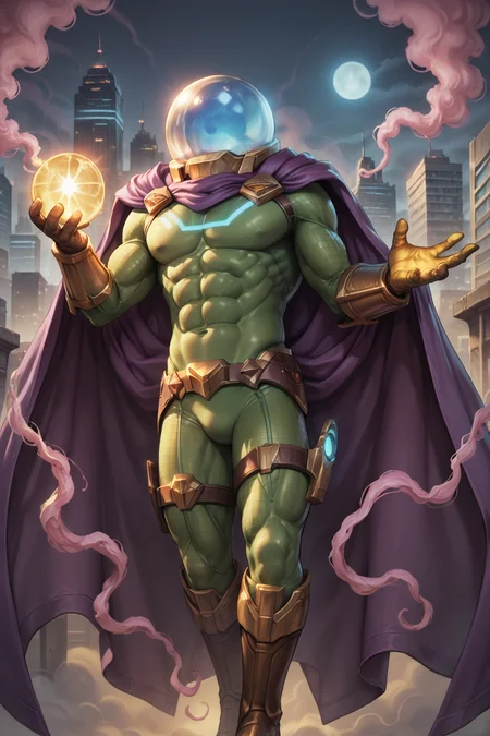 score_9, score_8_up, score_7_up, 8k, very detailed, high detailed texture, depth of field, golden hour, cinematic illumination, volumetric lighting, lab, city skyline<lora:AIPansen__Mysterio:0.8>1boy, cape, armor, gloves, helmet, superhero, bodysuit, purple cape, muscular, abs, glowing, smoke, boots, belt, green suit <lora:Realistic_2.5DAnime_Merge1:0.8>