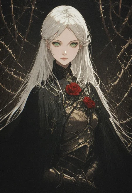score_9, score_8_up, score_7_up, 
female, long white hair, beautiful face, green eyes,
(dark knight), bulky, heavy, medieval, dark theme, armor, golden sword, golden trim, black cape, 
close up, (full body), (red roses background: 0.7), thorns,
easynegative, xenotr1p,