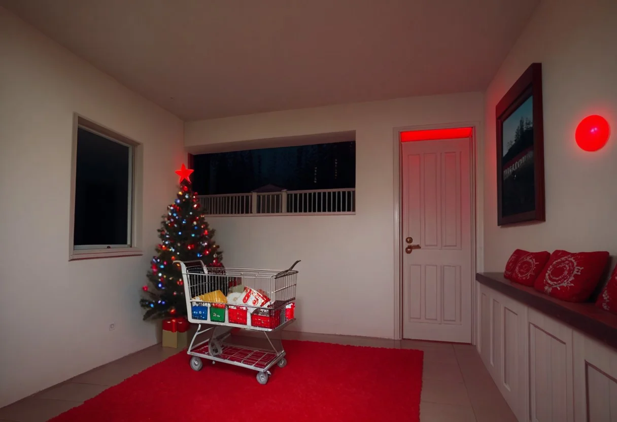 a room with a hole in the middle of it, a painting of a house with a red light on, ocean, a shopping cart is sitting outside of a house, real world location, a stairway way with a lit up exit sign, duckling, coca-cola, a room with a bed and a television in it, train station, a room with a lot of lights and a christmas tree