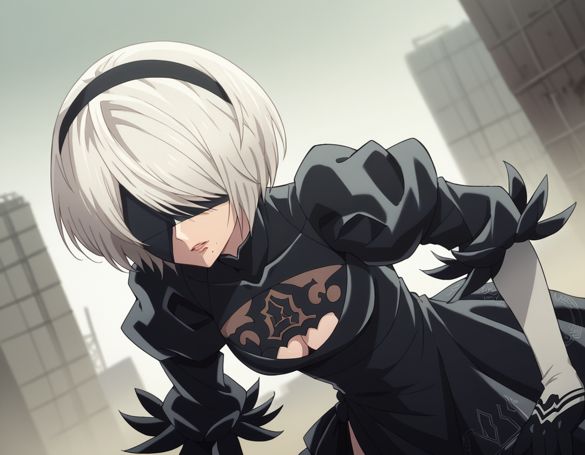 score_9, score_8_up, score_7_up, source_anime,
2b, <lora:2b-s1-ponyxl-lora-nochekaiser:1>,
2b, yorha no. 2 type b, short hair, white hair, hairband, mole, black hairband, mole under mouth, blindfold, covered eyes, black blindfold,
gloves, long sleeves, dress, puffy sleeves, black dress, clothing cutout, cleavage cutout, juliet sleeves, feather-trimmed sleeves,
outdoors, wasteland, bent over,
solo, dutch angle, looking at viewer, cowboy shot,