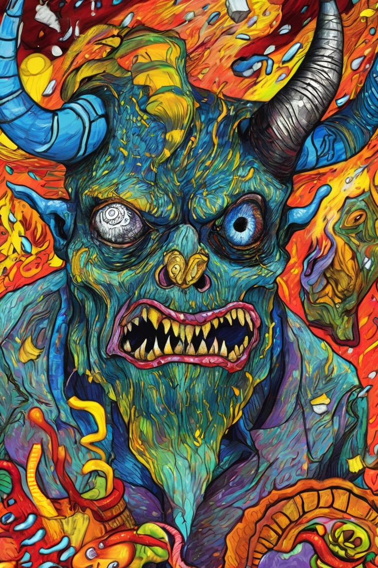 gothic and Van gogh art close up of a dangerous monster with horns,  grim scene <lora:Doodle_XL_V1:1> colorful doodle