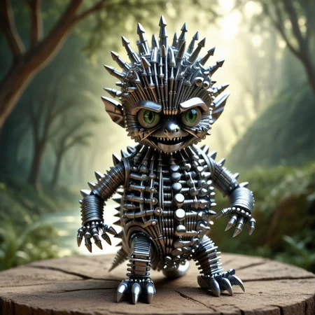 score_9, score_8_up, score_7_up, score_6_up, score_5_up, score_4_up, mysterious cute monster,surreal, detailed, bokeh, perfect balanced, deep fine borders,artistic photorealism, smooth, whole body view, (castle background), body made out of fasteners and leather, (funny horror theme, with spike head), spikey, game of thrones theme, fastenerswm, detailed background