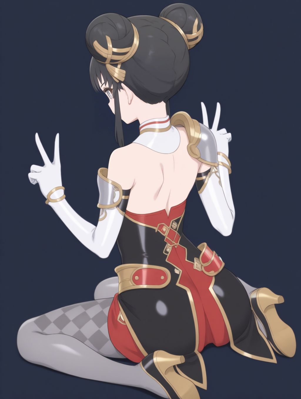 perfect quality,best quality,absolutely eye-catching,ambient occlusion,raytracing BREAK
1girl,<lora:hana IL v1.1>,hana,double bun,black hair,grey eyes,hair ornament,detached collar,white detached sleeves,open coat,short dress,red dress,black dress,argyle pantyhose,gloves,armor,high heels,grey pantyhose,gold hair ornament,solo,, from behind, looking away,portrait,arched_back,double_v,arm_behind_head,wariza,