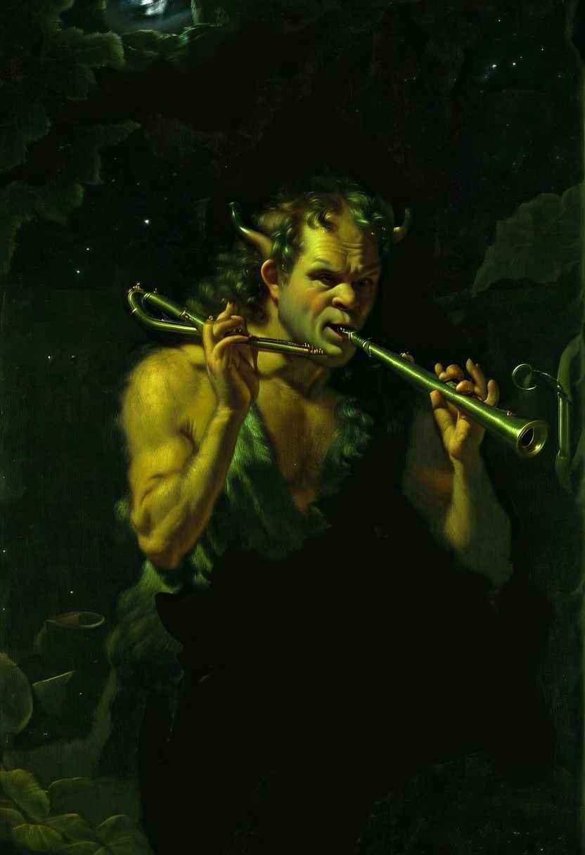detailxl, easynegative, BREAK, solo, a painting of a flute playing satyr in the style of godfried-schalcken, barely visible, horror theme, BREAK, darkness, at night, impossible architecture, black