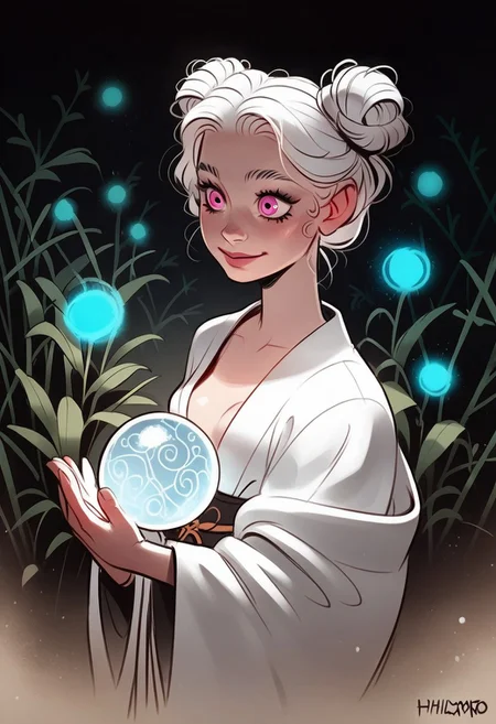 (score_9, score_8_up, score_7_up), tlu, rating_safe,ph1lt0m4t0,3m0t3,
(1girl, solo, serene rabbit spirit), pink eyes, slender body type, small breasts, soft porcelain skin, calm smile, long straight hair with twin buns, pure white hair, flowing white kimono with celestial patterns, standing in a bamboo forest under the moonlight, gentle blue glow, holding a crystal orb, surrounded by wisps, quiet and mystical atmosphere.