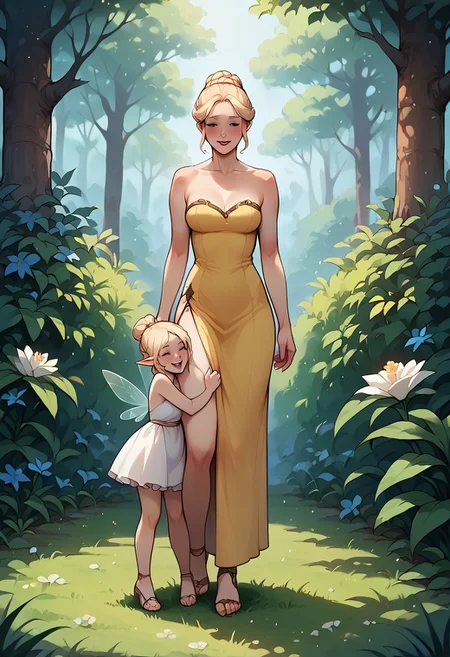 score_9, score_8_up, score_7_up, score_6_up, source_anime, 2d, 2girls, (L3gHump1ng), leg-humping, side hug, (size difference, tiny fairy1.2), princess, full body, happy, medium breasts, garden, forest, fairy tale, dress, wings, standing,