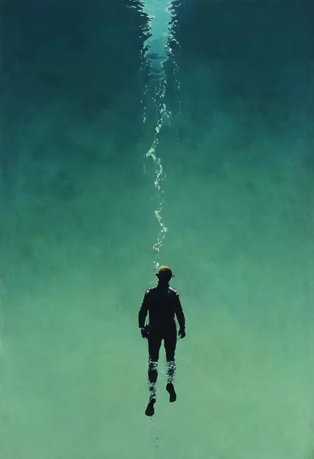 By Herg, Lowlight dark Pastel Tone, super Closeup Portrait, very Detailed, awesome Quality, reflecting, luminescent, translucent, Ethereal, Aura, 70s vintage Tintin diver in deep Green blue sea, diving fins, upside down, Diving down, deep blue, endless deep dark sea, sideview, simple Silhouette, DARK dystopian Blade Runner Flair, dynamic Scene, very detailed, uhd, masterpiece, White smoke, light beams through smoke,