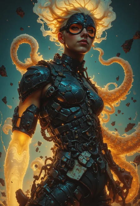 (famous artwork by Yoann Lossel:1.4), Ethereal cyborg woman, bioluminescent jellyfish headdress. Steampunk goggles blend with translucent tentacles. Cracked porcelain skin meets iridescent scales. Mechanical implants and delicate tendrils intertwine. Human features with otherworldly glow. Dreamy aquatic hues contrast weathered metal. Reflective eyes capture unseen worlds. Soft bioluminescence meets harsh desert backdrop. Fusion of organic and synthetic, ancient and futuristic. Hyper-detailed textures, surreal atmosphere. <lora:MoriiMee_Gothic_Niji_Style_FLUX.safetensors:1.0>, <lora:flux.1_lora_flyway_Epic-detail_v2.safetensors:0.3>, <lora:aiai-Glimra-Flux-Dev-v2.safetensors:0.3>, <lora:- Flux1 - soothing_atmo_V2.0.safetensors:0.5>, <lora:sss-snek-000001.safetensors:0.5>,