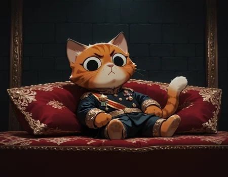 ROOT, orange cat, inside luxurious castle , solo, close to viewer , marquis, cunning,,:<, deep colors, male,very angry, rich colors, detailed, <lora:ROOT-000008:1.0>, best composition,huge black round eyes, sitting on a luxurious patch, rich clothes, detailed background, rich furniture, dark, detailed fur, luxurious paintings on walls, smug <lora:aidmaMJ6.1_v0.5_IL:0.8>, aidmaMJ6.1, medal, looking down, (lying:1.2), (ass:0.7), badass, pursed lips
