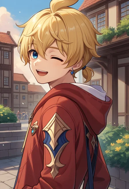 score_9, score_7_up, source_anime
mika, 1boy, male focus, solo, blue eyes, blonde hair, short hair, bangs, hair between eyes, ahoge, short ponytail, jewelry, earrings, hoodie, red hoodie, hood, one eye closed, smile, open mouth, happy,
outdoor, building, contemporary, modern,