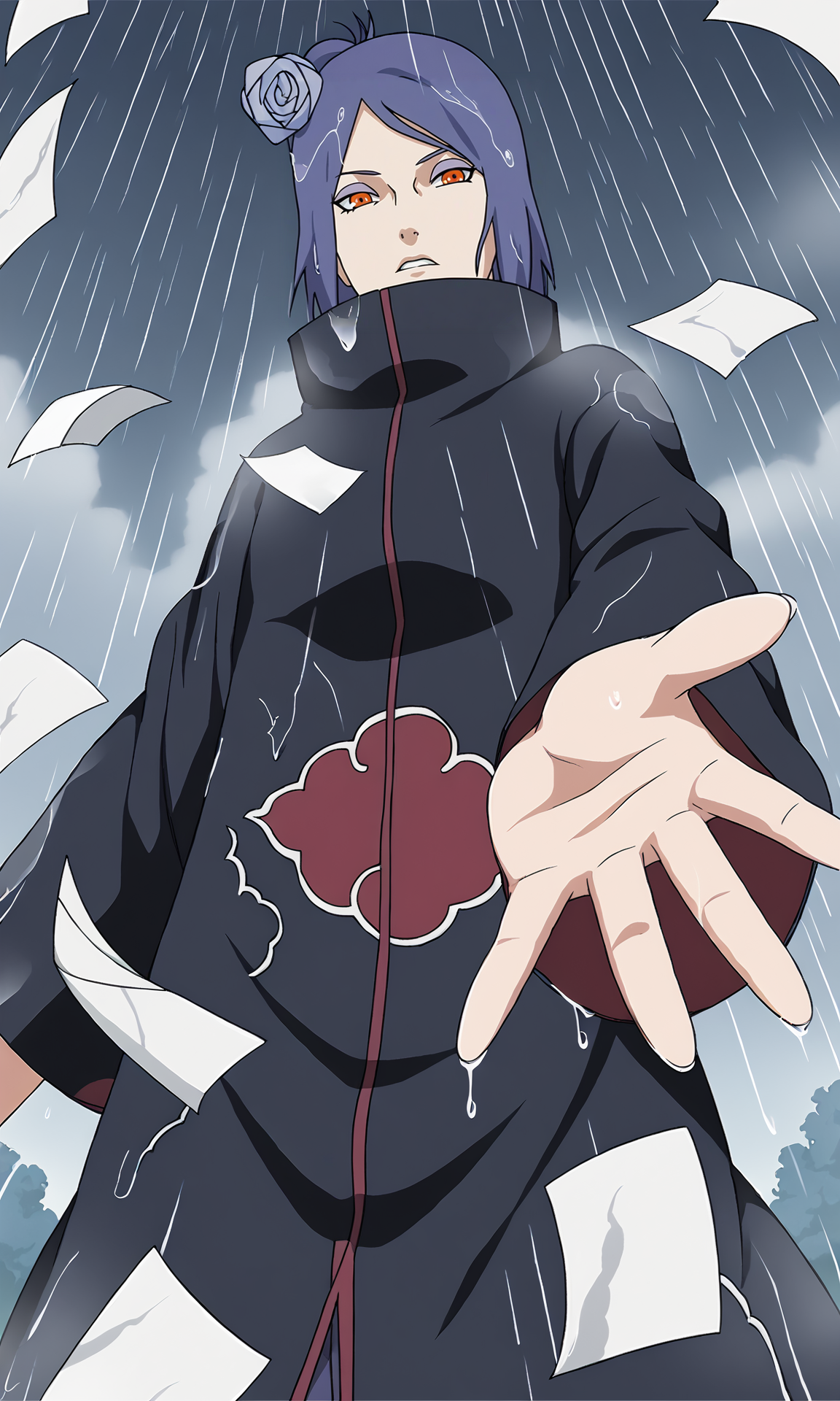 from below, spread fingers, pov, dutch angle, 
paper, 
k0nan, 1girl, solo, looking at viewer,  orange eyes, purple eyeshadow, lip piercing,
single hair bun, short hair, hair flower,
long sleeves, high collar, cloud print,
rain, wind, clouds, wet,
<lora:Naruto_Konan_PXL-000012:1>