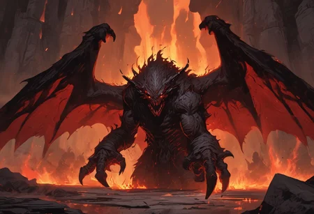 "Inside a vast, dark volcanic cave, the walls glow with the fiery red-orange light of molten lava flowing through cracks in the stone. In the center of the cave stands Shadow Fiend, Nevermore, a towering, menacing figure cloaked in darkness and shadowy flames. His glowing red eyes pierce through the gloom as he stands tall, his sharp claws outstretched, radiating an aura of dread and power. The ground beneath him is scorched, with small embers rising around his feet. He looks down the cave tunnel with a mix of impatience and malevolence, waiting for a worthy challenger to step into his domain. The scene is filled with an intense, oppressive atmosphere, with smoke and heat swirling in the air, making the cave feel like the very heart of a volcano."