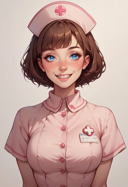 score_9, score_8_up, score_7_up, score_6_up,best quality anime, intricate details,
girl, puffy belly, deep blue eyes, nose blush, brown hair short hair with fringe,
wearing pink nurse dress with nurse cap,
dark blank background,
top view, closeup shot, smile, teeth, posing