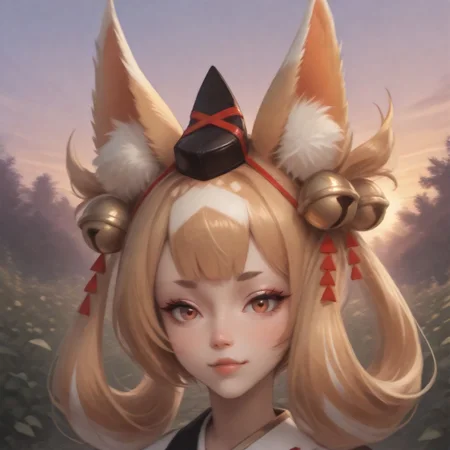 1girl, solo, close-up, Kuzunoha, blonde hair, brown eyes, small eyebrows, fox ears, hat, bells, jingle bells, face focus, petite, BREAK, japanese art style, Garden, sunset, orange sky, purple sky