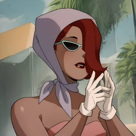 score_9, score_8_up, score_7_up, 1girl, solo, lipstick, red hair, sunglasses, hair over one eye, strapless pink shirt, bare shoulders, jeans, babushka handkerchief, white gloves, Gsptlsnz (dc), face focus,