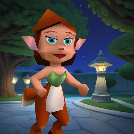 1girl, solo, elora1, furry female, open smile, detailed green eyes, brown hair, furry, animal ears, looking at viewer, had on hip, makeup, faun, pointy ears, bare shoulders, tree, night, stars, <lora:Elora1-000009:1>, score_7_up, score_8_up, score_9,