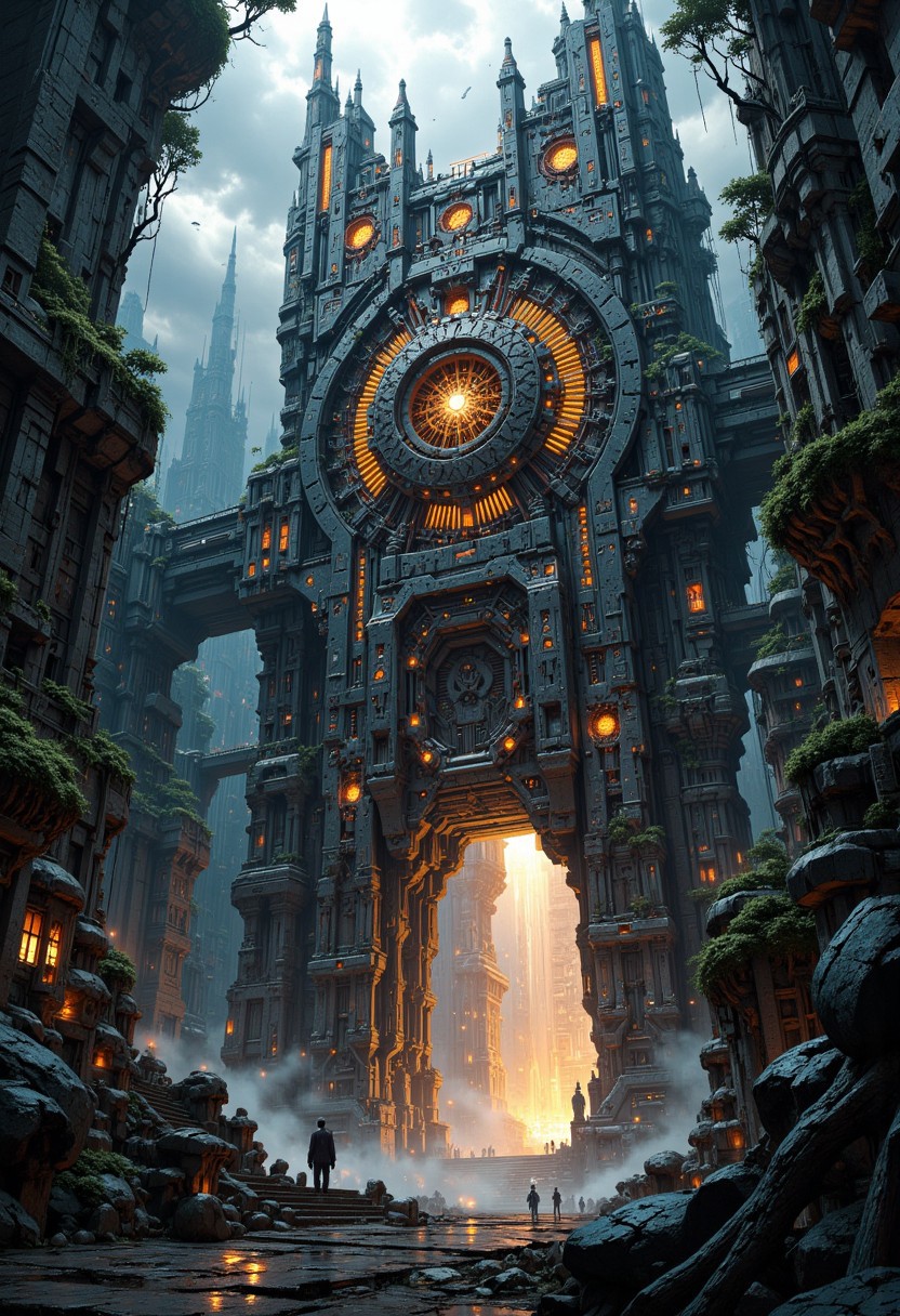 DB4RZ, An awe-inspiring scene of an enormous futuristic gate towering amidst a desolate jungle, enveloped by an eerie, overgrown atmosphere. The gate is colossal, with intricate, alien-like architecture featuring countless engravings, glowing energy conduits, and complex mechanical panels that pulse faintly with an otherworldly light. The structure is crafted from a mix of dark, metallic alloys and shimmering crystalline materials, its surface etched with ancient, cryptic symbols and fractal patterns.
The jungle surrounding the gate is wild and desolate, with towering, gnarled trees draped in moss and vines that have begun to creep onto the lower portions of the gate. The foliage is dense and dark, but a faint mist lingers, illuminated by the glowing elements of the gate. Broken remnants of stone steps and pathways, overrun by roots and vegetation, lead toward the entrance, adding a sense of lost civilization.
In the foreground, tiny human figure or advanced exploration drones could be included for scale, emphasizing the gate's overwhelming size. The sky above is stormy and gray, with faint beams of light piercing through the clouds, casting an ominous glow over the scene, creating a blend of mystery and grandeur.