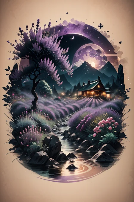 <lora:Calligraphy-ink-style-darquelilly-v1:1> calligraphyinkstyle, a lavender field with lupins, harmonic fusion, volumetric lighting, night time, moonlight, black background, <lora:dAIversity-LoRAtest-Photoreal-SD15-01:0.7>,, detail colour is purple, yellow zirkons <lora:Crystals:0.7> crystalz