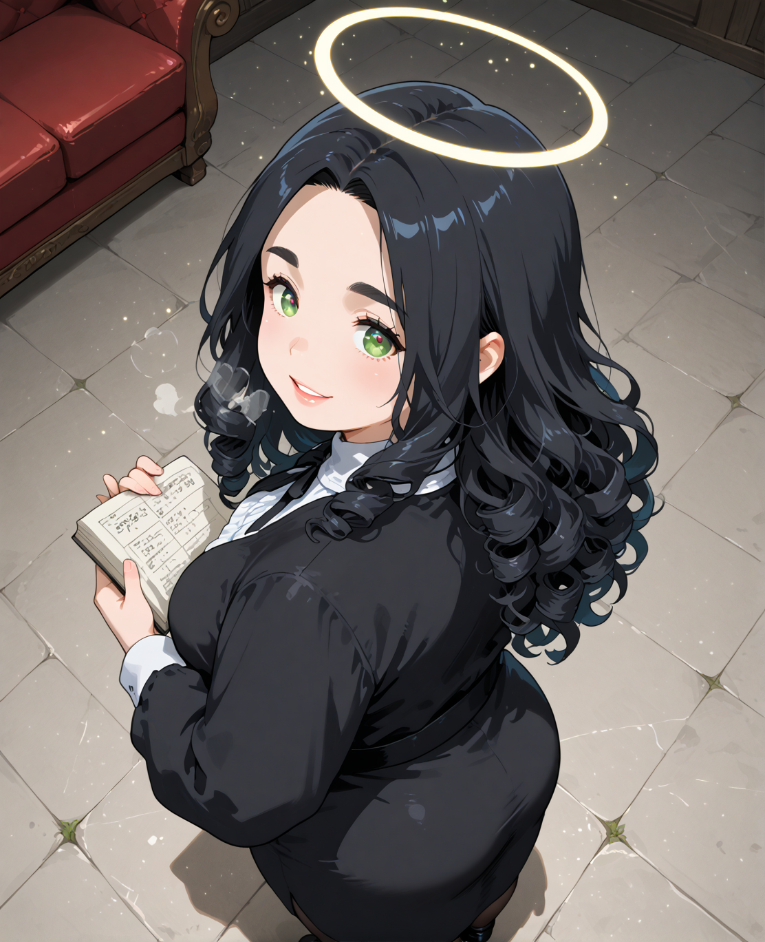 IllusP0s, PonyScores7, source_anime, ah1, IllustriousQual, interesting, exciting, spectacular, wonderful, <lora:natsumi_style:0.5>, <lora:by_usakun-pony:0.4>, by usakun, <lora:Akina_Bbw_Style_-_PonyXL:0.2>, AkinBw,
BREAK ((from above), (from back), medium distance from viewer, focus on feet),
BREAK 1girl, mature female, (round face:1.2), (thick eyebrows:1.3), (curvy), round-chin, caucasian, (plump face), <lora:Round_face:0.2>, <lora:ETO_OC_Illustrius:0.5>, eto_oc, skindentation, (plump), thick thighs, wide hips, busty, voluptuous, lips, <lora:venus body PonyXL:0.3>, <lora:shinyskin2:0.2>, glistening skin,
BREAK  (curly hair), long hair, (black hair:1.4), (parted hair:1.7), messy hair, kinky curls, <lora:hairdetailpxl:0.2>, hairdetailpxl,
BREAK (half green and brown eyes), (colorful eyes), (multicolored eyes), (downturned eyes:1.4), <lora:expressive eyes:0.2>, expressive eyes, <lora:eyedetailpxl:0.2>, eyedetailpxl, <lora:Eyes_High_Definition:0.2>, EyesHD,
BREAK ((Smiling face with halo)), <lora:Expressive_H:0.2>, Expressiveh, <lora:Emotional_Anime_Expressions_PonyXL_Concept:0.2>, emotional, <lora:Best_Facial_Expression_LoRA_PONY:0.2>, looking at viewer, <lora:Detailed expressive EXEV style -XL Pony V1.0:0.2>, FaceDetail,
BREAK ((A woman breathes out, and her breath forms a cloud of tiny, sparkling particles that hover in the air, each particle slowly spinning and glowing)),
BREAK ((shalimar Explore the medieval castle in a historian's outfit with a notebook and quill)),
BREAK (((a neon-infused underground club, with vibrant colors, tech-infused dance floors, futuristic seating))),
BREAK <lora:xl_more_art-full_v1:0.2>, <lora:aesthetic_anime_v1s:0.2>, <lora:EpicF4nta5yXL:0.2>, <lora:detailxl:0.2>, detailxl, <lora:Fant5yP0ny:0.2>, best quality, amazing quality, best aesthetic, absurdres, illustration, Volumetric_Lighting, ultra-detailed, very aesthetic, intricate details, 8k, masterpiece, best_quality
BREAK Stable_Yogis_PDXL_Positives, AS-Adult, <lora:Complicated fantasy portrait - XL Pony V2.0:0.2>, bad-hands-5, <lora:HDA_Detailer:0.3>, HDA_FatGirlXL,