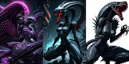 (otherworldly), highly insanely detailed, masterpiece, top quality, best quality, highres, 4k, 8k, RAW photo, (very aesthetic, beautiful and aesthetic),
__lazy-wildcards/cosplay-char/alien-predator/xenomorph/prompts__,
<lora:FemXeno:0.5>,
(1girl:1.3), eyes focus,
__lazy-wildcards/dataset/background__,âââ