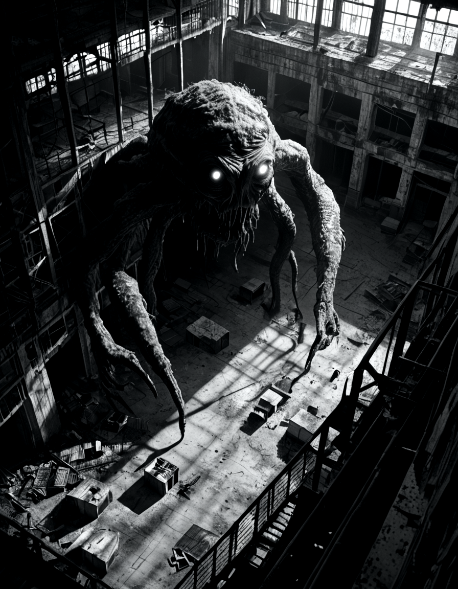 score_9, score_8_up, score_7_up, horrorcctvlora, monochrome, greyscale, dark, abandoned building, monster, glowing eyes, bird view