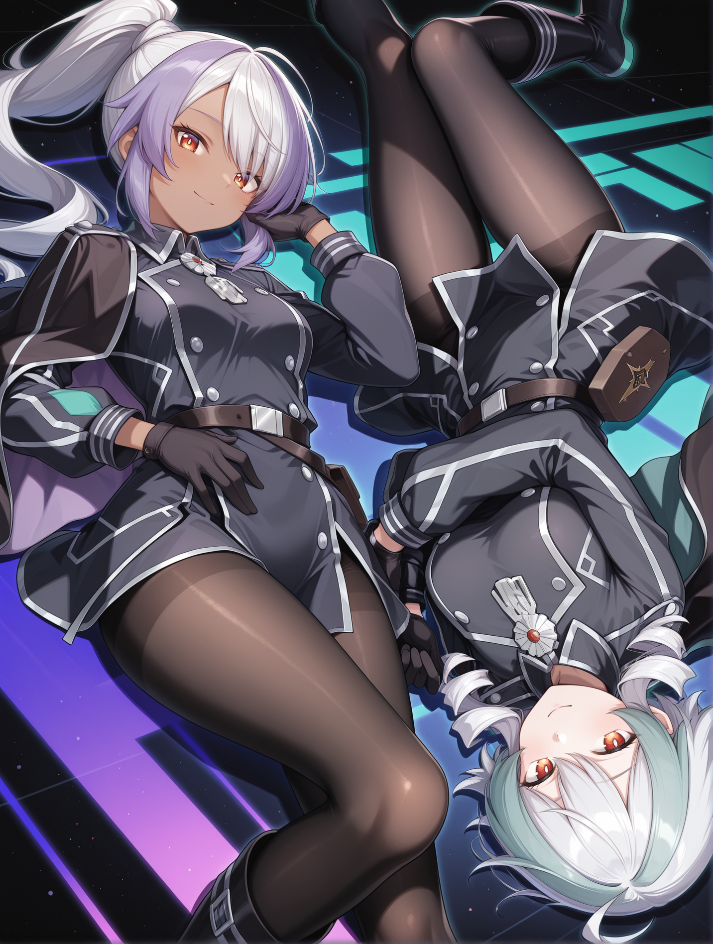 2girls,black background,silver medal,black military uniform,glitch,black gloves,black boots,black pantyhose,looking at viewer,smile,hand on hip,closed mouth,sidelocks,sky striker ace - camellia,right side cape,sky striker ace - azalea,left side cape,upside-down,dark-skinned female,purple neon trim,green neon trim,dutch angle,lying,from above,
masterpiece,best quality,amazing quality,very aesthetic,absurdres,newest,<lora:sky striker ace - camellia and azalea illusXL v2:0.7>,