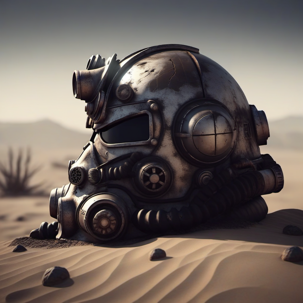 Dystopian style a futuristic helmet on the ground, desert, Retrofuturism, war, explosions, fires, smoke <lora:Fallout1024:0.8> . Bleak, post-apocalyptic, somber, dramatic, highly detailed