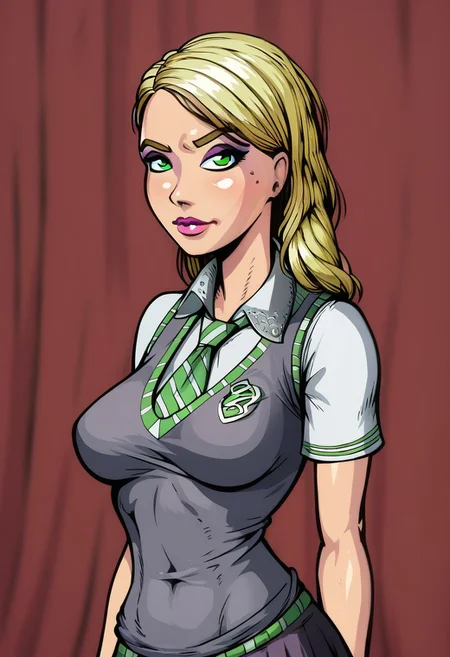 score_9, score_8_up, score_7_up, score_6_up, score_5_up, half body portrait, vibrant colors, BREAK, 1girl, detailed face, DAPHNESISERG, Daphne Greengrass, blonde, skinny,  Slytherin school uniform, green eyes