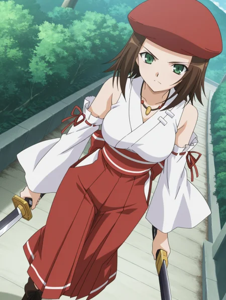 masterpiece, best quality, newest, absurdres, highres, detailed eyes, beautiful, detailed background, perfect eyes, anime coloring, anime screencap, 2000s \(style\), 1girl, solo, ageha (omamori himari), brown hair, short hair, green eyes, medium breasts, beret, japanese clothes, white top kimono, detached sleeves, necklace, red hakama, ankle boots, holding sword, looking at viewer, frown, smile, dutch angle, cowboy shot, (outdoors),