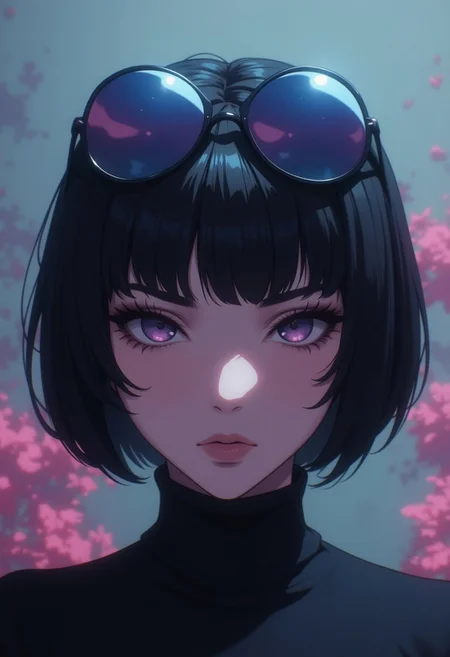 (8k resolution, absolute masterpiece, ultra detailed, best quality, masterpiece, colorful, highest detailed), (intricate details), (hyper-realistic), (dynamic angle), 1 girl, solo, short black hair, bob cut, large sunglasses on head, slit pupils, closeup, face focus, face, coloured background, wearing a skin tight black turtle neck, foggy, cool tones,