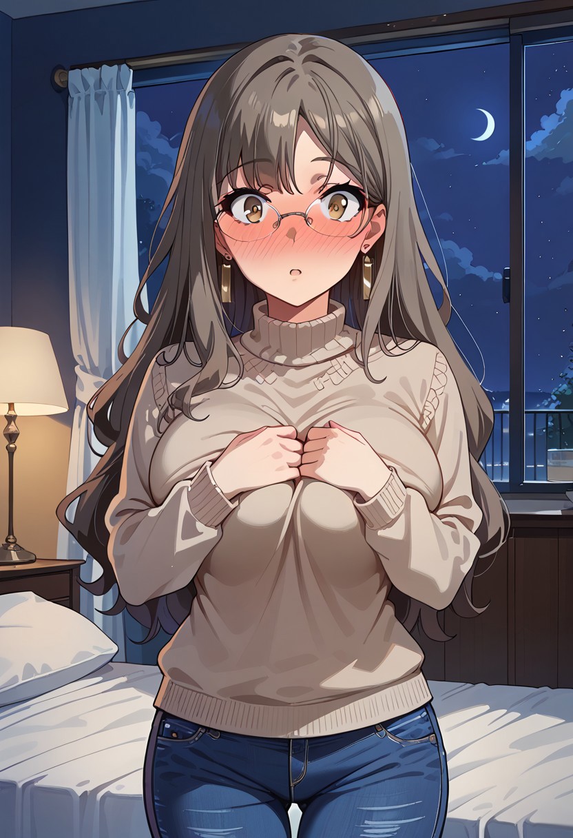 score_9, score_8_up, score_7_up, source_anime, masterpiece, best quality, high quality, highres, cinematic lighting, (solo, front view, closed up face, cowboy shot, bedroom, different angles), (Futaba_Rio, brown_eyes, grey_hair, long_hair, large_breasts, rimless_eyewear, simple sweater, brown sweater, blue pants, denim pants, earrings, covering chest with arms, detail hands, looking at viewer, surprised:1.5, standing, perfect anatomy, anatomically correct hands), (night, Expressiveh, full-face blush)