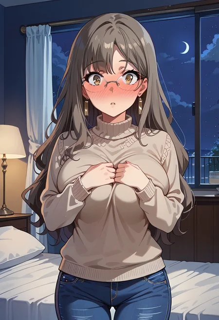 score_9, score_8_up, score_7_up, source_anime, masterpiece, best quality, high quality, highres, cinematic lighting, (solo, front view, closed up face, cowboy shot, bedroom, different angles), (Futaba_Rio, brown_eyes, grey_hair, long_hair, large_breasts, rimless_eyewear, simple sweater, brown sweater, blue pants, denim pants, earrings, covering chest with arms, detail hands, looking at viewer, surprised:1.5, standing, perfect anatomy, anatomically correct hands), (night, Expressiveh, full-face blush)