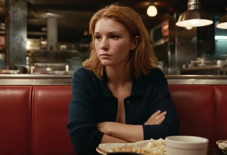 35mm gritty crime drama photography, middle-aged white woman, casual clothing, hardened facial features, shoulder-length ginger hair, bitter expression, sitting in diner booth, arms crossed, tense posture, low-key lighting, desaturated color scheme, reminiscent of 1970s neo-noir aesthetics,Jackie Brown 1997 film style