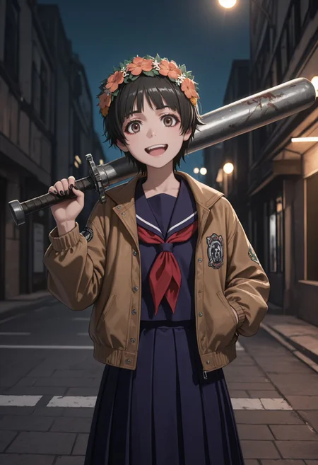 masterpiece,best quality,absurdres,highres,very aesthetic,high quality,detailed,insanely detailed,beautiful,perfect lighting, looking at viewer, looking at viewer, smile,
1girl, short hair, black hair, brown eyes, head wreath, ((punk outfit,)), smile, open jacket, hand on pocket, goth eyeliner, open mouth, full teeth, black nails, looking at viewer, outdoor, street, holding baseball batt, night, punk expression, weapon over shoulder, <lora:Uiharu Kazari:1> 1girl, short hair, black hair, brown eyes, head wreath, sakugawa school uniform, winter uniform, blue serafuku ,red neckerchief blue sailor collar, blue skirt, blue shirt, long sleeves, long skirt