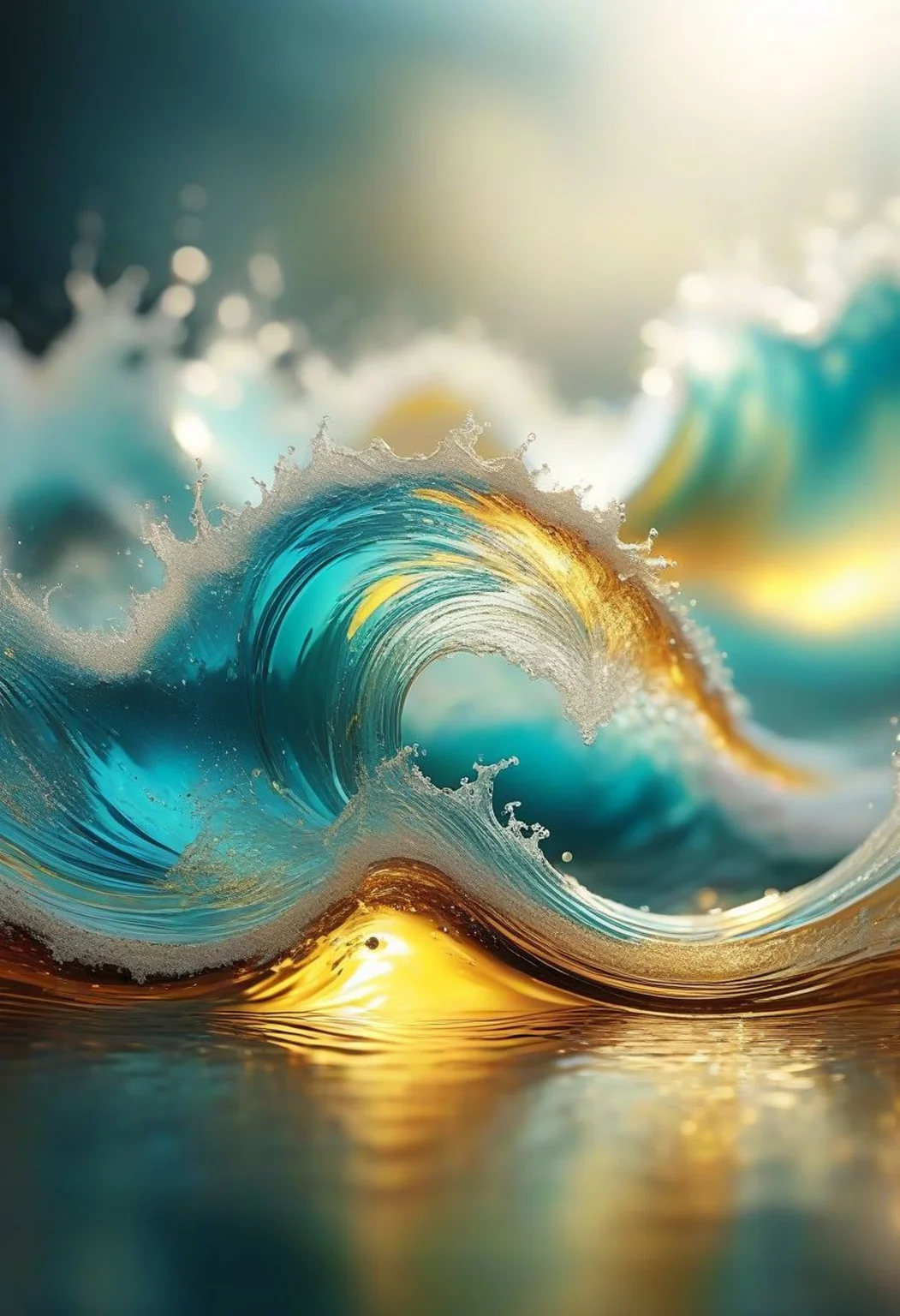 Generate a captivating artwork showcasing abstract shapes composed of glass, diamonds, and gold, with a dispersion effect emanating from the glass. Emphasize intricate details, refined lines, and vibrant colors throughout the composition. Ensure that the focus remains on the abstract elements rather than human subjects. milky wave
