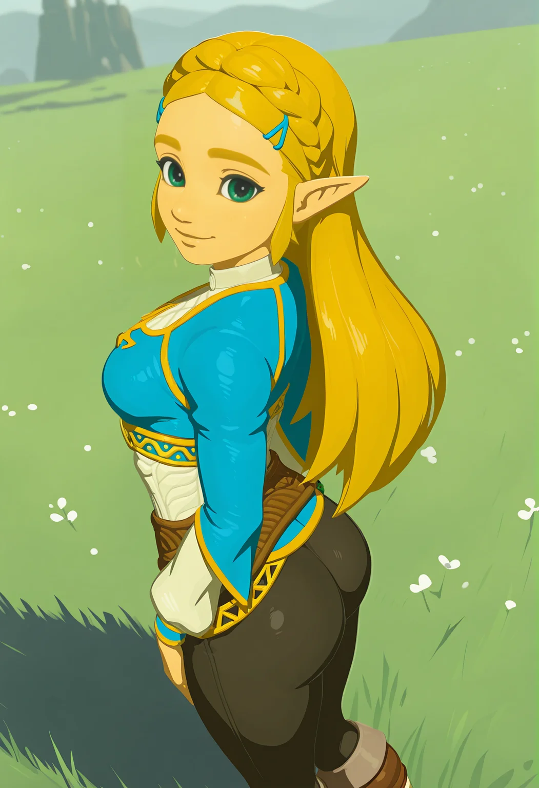 amazing quality,very aesthetic,absurdres,best quality,newest,masterpiece,4k resolution, absurdres, highres, detailed background, 
  <lora:Princess_Zelda_ILXL:0.8> 1girl, princess zelda, blonde hair, pointy ears, botw, long hair, hair ornament,  blue shirt, black legwear, (thick thighs:0.6), smile, happy, looking at viewer, grass, standing,