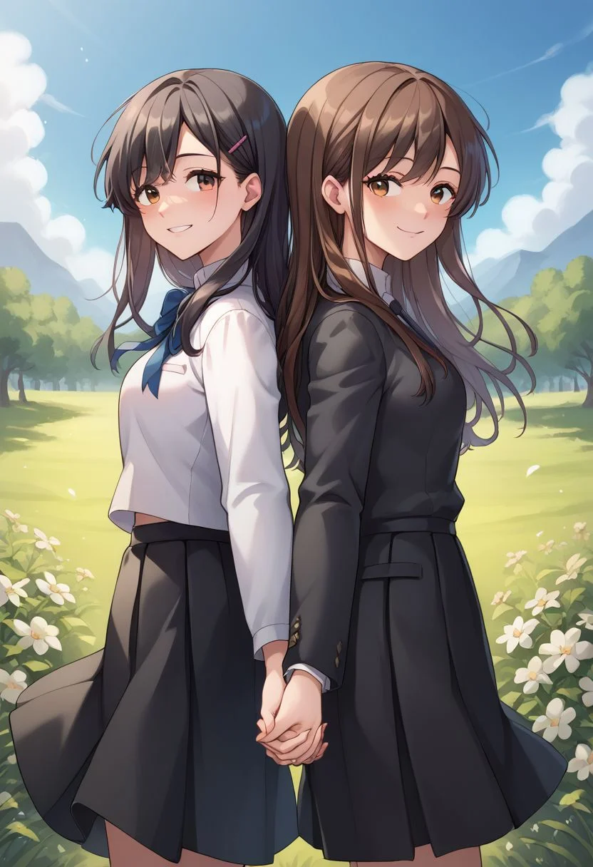 score_9, score_8_up, source_anime, highly detailed,
back-to-back, 2girls, multiple girls, long hair, school uniform, skirt, holding hands, black hair, brown hair, interlocked fingers, long sleeves, black skirt,
smile, shirt,
outdoor,