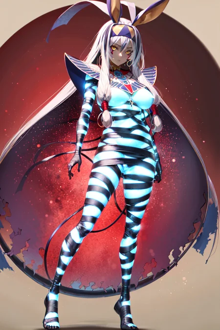 (masterpiece, best quality:1.2), nitocris alter, fgo, (stage 1, glowing body, bandages:1.4), 1girl, egyptian, yellow eyes, bangs, very long hair, white hair, rabbit ears, facial markings, large breasts, hairband, sidelocks, jewelry, hoop earrings, red cape, dark background <lora:NITOALTER-15:0.9>