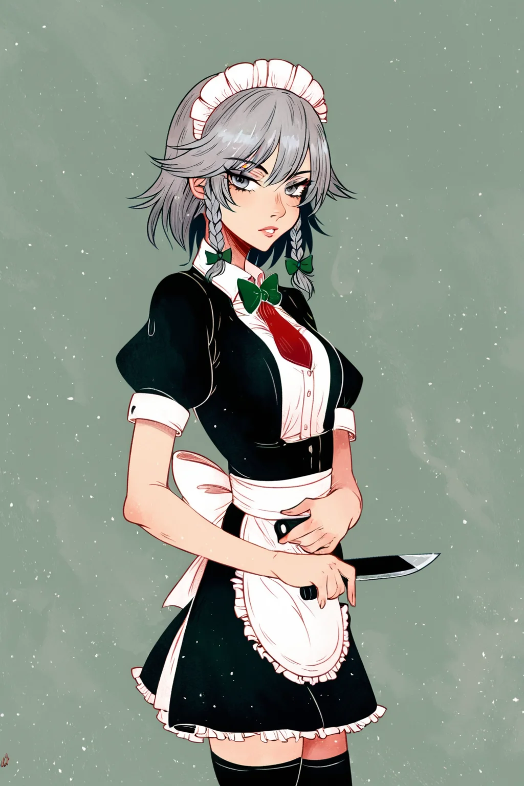 score_9, score_8_up, score_7_up, rating_general, touhou, izayoi sakuya, 1girl, apron, back bow, black dress, bow, braid, collared shirt, cowboy shot, crossed arms, dress, expressionless, green bow, grey eyes, grey hair, hair bow, holding, holding knife, knife, looking at viewer, maid, maid apron, maid headdress, necktie, parted lips, puffy short sleeves, puffy sleeves, red necktie, shirt, short hair, short sleeves, side braid, solo, standing, throwing knife, waist apron, waist bow, weapon, white apron, white bow, white shirt, solo, solo focus, portrait, detailed background, Standing with one hand on the hip, the other arm extended, <lora:dappermouth:1.5>âââ