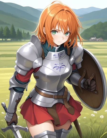 (m4s4h4ru), <lora:1_illu_masaharu_17e:1>, 1girl, armor, sword and shield, skirt, freckles, orange hair, medium hair, green eyes, field, mountains, (masterpiece, best quality, amazing quality),