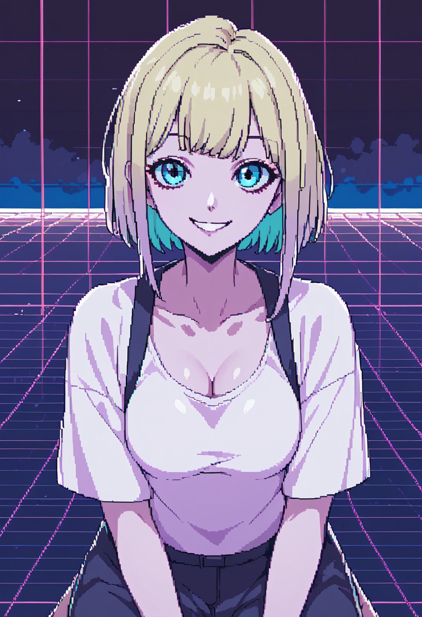 score_10, score_9, score_8_up, NGO_pixelart, (pixels:0.2), 1girl, solo, looking at viewer, smile, vaporwave