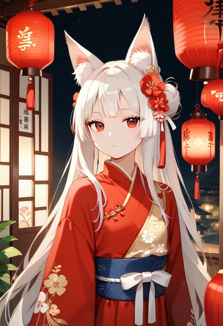 score_9, score_8_up, score_7_up, score_6_up , (masterpiece, best quality:1.4),
high detailed background,(young-fox-girl:1.6), (white-hair:1.5), (red-eyes:1.6), (hanfu:1.4), (anime-style:1.5), (expressionless:1.6), (innocent-look:1.5), (fox-ears:1.4), petite, long-sleeves, (flowing-hanfu:1.3), (minimal-expression:1.5), hair-ornaments, soft-color-palette, traditional-chinese-patterns, (dim-lighting:1.2), ancient-chinese-room, lanterns, sliding-doors, cinematic, digital-illustration
