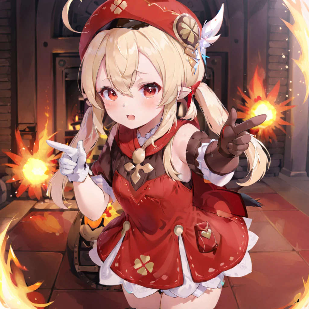 a girl at something with a finger, <lora:fingergun:0.85> <lora:keli2:0.8> klee (genshin impact), hat, red headwear, solo, twintails, bangs, dress, red dress, gloves, low twintails, ahoge, pointy ears, red eyes, ,cabbie hat, white feathers, hat feather, long hair, hair between eyes, blonde hair, bloomers, feathers,