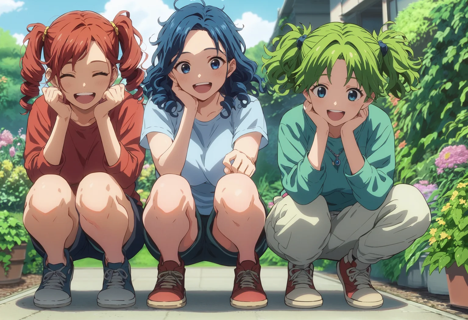score_9,score_8_up,score_7_up,score_6_up,source_anime,anime screencap,<lora:CoMix_BGXL_V2:1>,front view,3girls,laughing,happy,smile,blue hair,red hair,green hair,blue eyes,brown eyes,straight hair,parted bangs,twintails,very long hair,large breasts,curly hair,messy hair,short hair,medium hair,small breast,squatting,flower garden,hands on gace,