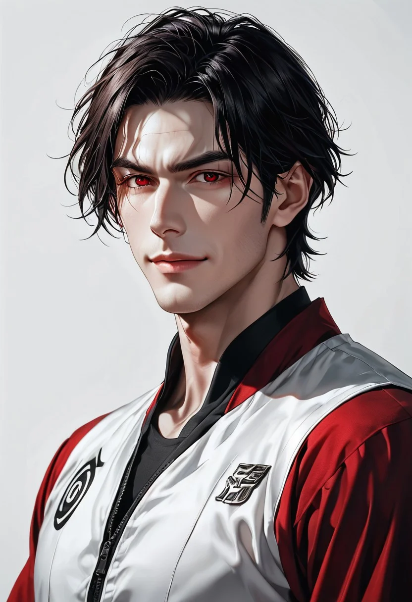 1boy, Darius Dusk, slightly wavy, short hair, jet black with a natural shine, neatly styled but slightly tousled at the ends, medium height, lean and muscular build with defined shoulders and arms, red eyes, sharp angular face with a prominent jawline, pale skin, smooth skin, Southern European, faint stubble on the chin and along the jawline,
subtle veins visible under the pale skin, especially near the eyes and hands,
solo,
flirty expression, secuctive smile, handsome, charming, simple charm,
jiujitsu, japanese training suit, white training suit,
